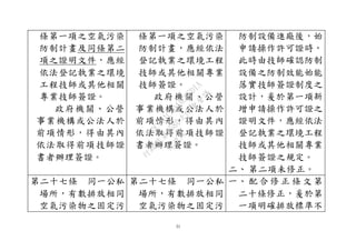 51
條第一項之空氣污染
防制計畫及同條第二
項之證明文件，應經
依法登記執業之環境
工程技師或其他相關
專業技師簽證。
政府機關、公營
事業機構或公法人於
前項情形，得由其內
依法取得前項技師證
書者辦理簽證。
條第一項之空氣污染
防制計畫，應經依法
登記執業之環境工程
技師或其他相關專業
技師簽證。
政府機關、公營
事業機構或公法人於
前項情形，得由其內
依法取得前項技師證
書者辦理簽證。
防制設備進廠後，始
申請操作許可證時，
此時由技師確認防制
設備之防制效能始能
落實技師簽證制度之
設計，爰於第一項新
增申請操作許可證之
證明文件，應經依法
登記執業之環境工程
技師或其他相關專業
技師簽證之規定。
二、 第二項未修正。
第二十七條 同一公私
場所，有數排放相同
空氣污染物之固定污
第二十七條 同一公私
場所，有數排放相同
空氣污染物之固定污
一、 配 合 修 正 條 文 第
二十條修正，爰於第
一項明確排放標準不
行
政
院
行
政
院
第
3580次
院
會
會
議
DC991CAD4AC0FD1A
 