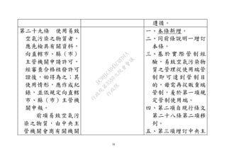 56
遵循。
第二十九條 使用易致
空氣污染之物質者，
應先檢具有關資料，
向直轄市、縣（市）
主管機關申請許可，
經審查合格核發許可
證後，始得為之；其
使用情形，應作成紀
錄，並依規定向直轄
市、縣（巿）主管機
關申報。
前項易致空氣污
染之物質，由中央主
管機關會商有關機關
一、本條新增。
二、同前條說明一增訂
本條。
三、基 於 實 際 管 制 經
驗，易致空氣污染物
質之管理從使用端管
制 即 可 達 到 管 制目
的，毋需再從販賣端
管制，爰於第一項規
定管制使用端。
四、第二項自現行條文
第二十八條第二項移
列。
五、第三項增訂中央主
行
政
院
行
政
院
第
3580次
院
會
會
議
DC991CAD4AC0FD1A
 