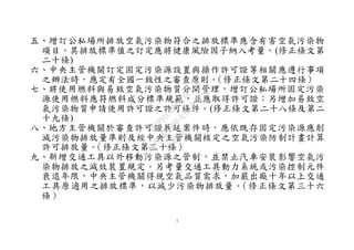 7
五、增訂公私場所排放空氣污染物符合之排放標準應含有害空氣污染物
項目，其排放標準值之訂定應將健康風險因子納入考量。(修正條文第
二十條)
六、中央主管機關訂定固定污染源設置與操作許可證等相關應遵行事項
之辦法時，應定有全國一致性之審查原則。（修正條文第二十四條）
七、將使用燃料與易致空氣污染物質分開管理，增訂公私場所固定污染
源使用燃料應符燃料成分標準規範，並應取得許可證；另增加易致空
氣污染物質申請使用許可證之許可條件。(修正條文第二十八條及第二
十九條)
八、地方主管機關於審查許可證展延案件時，應依既存固定污染源應削
減污染物排放量準則及經中央主管機關核定之空氣污染防制計畫計算
許可排放量。（修正條文第三十條）
九、新增交通工具以外移動污染源之管制，並禁止汽車安裝影響空氣污
染物排放之減效裝置規定。另考量交通工具動力系統或污染控制元件
衰退年限，中央主管機關得視空氣品質需求，加嚴出廠十年以上交通
工具原適用之排放標準，以減少污染物排放量。（修正條文第三十六
條）
行
政
院
行
政
院
第
3580次
院
會
會
議
DC991CAD4AC0FD1A
 