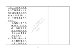 62
（市）主管機關或中
央主管機關委託之機
關審查展延許可證，
非 有 下 列 情 形 之 一
者，不得變更原許可
證內容：
一、三級防制區內之
既 存 固 定 污 染
源，依既存固定
污染源應削減污
染物排放量準則
規定削減。
二、屬第七條所訂空
氣防制計畫指定
削減污染物排放
行
政
院
行
政
院
第
3580次
院
會
會
議
DC991CAD4AC0FD1A
 