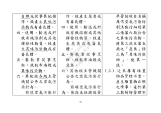 66
自燃或從事其他操
作，致產生異味污
染物或有毒氣體。
四、使用、輸送或貯
放有機溶劑或其他
揮發性物質，致產
生異味污染物或有
毒氣體。
五、餐 飲 業 從 事 烹
飪，致散布油煙或
異味污染物。
六、其他經各級主管
機關公告之空氣污
染行為。
前項空氣污染行
作，致產生惡臭或
有毒氣體。
四、使用、輸送或貯
放有機溶劑或其他
揮發性物質，致產
生 惡 臭 或 有 毒 氣
體。
五、餐 飲 業 從 事 烹
飪，致散布油煙或
惡臭。
六、其他經主管機關
公告之空氣污染行
為。
前項空氣污染行
為，係指未經排放管
準管制項目名稱
及依空氣污染防
制法施行細則第
二條第六款公告
之異味污染物，
將第三款至第五
款之「惡臭」修
正為「異味污染
物 」， 使 其 一
致。
（三） 近 來 屢 有 堆 置
物品管理不當，
產生堆置物自燃
之情事，爰於第
三款新增管理不
行
政
院
行
政
院
第
3580次
院
會
會
議
DC991CAD4AC0FD1A
 