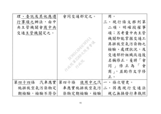 84
理、委託及其他應遵
行事項之辦法，由中
央主管機關會商中央
交通主管機關定之。
會同交通部定之。 用。
三、 現 行 條 文 移 列 第
二 項 ， 明 確 授 權事
項；另考量中央主管
機關即能掌握交通工
具排放空氣污染物之
檢驗、處理狀況，及
交通部於組織改造後
名稱修正，爰將「會
同 」 修 正 為 「 會
商」，並酌作文字修
正。
第四十四條 汽車應實
施排放空氣污染物定
期檢驗，檢驗不符合
第四十條 使用中之汽
車應實施排放空氣污
染物定期檢驗，檢驗
一、 條次變更。
二、 因 應 現 行 交 通 法
規已無換發行車執照
行
政
院
行
政
院
第
3580次
院
會
會
議
DC991CAD4AC0FD1A
 