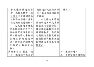 88
告 之 遙 測 篩 選 標 準
者，應於直轄市、縣
（市）主管機關通知
之期限內修復，並至
指定地點接受檢驗。
人民得向各級主
管機關檢舉使用中汽
車排放空氣污染物情
形，被檢舉之車輛經
各 級 主 管 機 關 通 知
者，應於指定期限內
至 指 定 地 點 接 受 檢
驗。
機關通知之期限內修
復，並至指定地點接
受檢驗。
人民得向主管機
關檢舉使用中汽車排
放空氣污染物情形，
被檢舉之車輛經主管
機關通知者，應於指
定期限內至指定地點
接受檢驗，檢舉及獎
勵辦法由中央主管機
關定之。
修正。
第四十七條 製造、進
口、販賣經中央主管
一、本條新增。
二、含揮發性有機物化
行
政
院
行
政
院
第
3580次
院
會
會
議
DC991CAD4AC0FD1A
 
