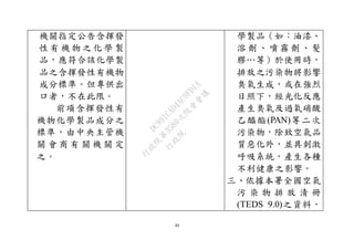 89
機關指定公告含揮發
性 有 機 物 之 化 學 製
品，應符合該化學製
品之含揮發性有機物
成分標準。但專供出
口者，不在此限。
前項含揮發性有
機物化學製品成分之
標準，由中央主管機
關 會 商 有 關 機 關 定
之。
學製品（如：油漆、
溶 劑 、 噴 霧 劑 、髮
膠…等）於使用時，
排放之污染物將影響
臭氧生成，或在強烈
日照下，經光化反應
產生臭氧及過氧硝酸
乙醯酯(PAN)等二次
污染物，除致空氣品
質惡化外，並具刺激
呼吸系統，產生各種
不利健康之影響。
三、依據本署全國空氣
污 染 物 排 放 清 冊
(TEDS 9.0)之資料，
行
政
院
行
政
院
第
3580次
院
會
會
議
DC991CAD4AC0FD1A
 