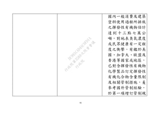90
國內一般消費及建築
塗料使用過程所排放
之揮發性有機物估計
達 到 十 三 點 七 萬公
噸，對地表臭氧濃度
或民眾健康有一定程
度之衝擊。有鑑於美
國、加拿大、歐盟及
香港等國家或地區，
已對含揮發性有機物
化學製品訂定揮發性
有機化合物含量限制
及相關管制措施，爰
參考國外管制經驗，
於第一項增訂管制規
行
政
院
行
政
院
第
3580次
院
會
會
議
DC991CAD4AC0FD1A
 