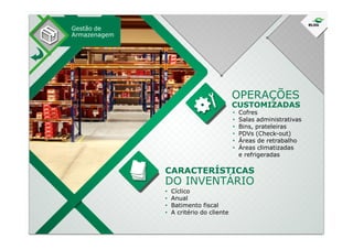 • Cofres
• Salas administrativas
• Bins, prateleiras
OPERAÇÕES
CUSTOMIZADAS
Gestão de
Armazenagem
• Bins, prateleiras
• PDVs (Check-out)
• Áreas de retrabalho
• Áreas climatizadas
e refrigeradas
• Cíclico
• Anual
• Batimento fiscal
• A critério do cliente
CARACTERÍSTICAS
DO INVENTÁRIO
 