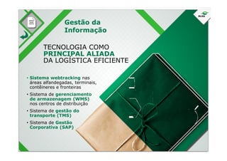• Sistema webtracking nas
áreas alfandegadas, terminais,
TECNOLOGIA COMO
PRINCIPAL ALIADA
DA LOGÍSTICA EFICIENTE
Gestão da
Informação
áreas alfandegadas, terminais,
contêineres e fronteiras
• Sistema de gerenciamento
de armazenagem (WMS)
nos centros de distribuição
• Sistema de gestão do
transporte (TMS)
• Sistema de Gestão
Corporativa (SAP)
 