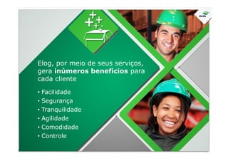 Elog, por meio de seus serviços,
gera inúmeros benefícios para
cada clientecada cliente
• Facilidade
• Segurança
• Tranquilidade
• Agilidade
• Comodidade
• Controle
 