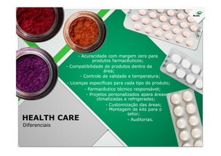 - Acuracidade com margem zero para
produtos farmacêuticos;
- Compatibilidade de produtos dentro da
área;
- Controle de validade e temperatura;
HEALTH CARE
- Customização das áreas;
- Montagem de kits para o
setor;
Diferenciais
- Controle de validade e temperatura;
- Licenças específicas para cada tipo de produto;
- Auditorias.
- Farmacêutico técnico responsável;
- Projetos personalizados apara áreas
climatizadas e refrigeradas;
 