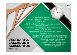 - Equipe especializada e treinada para
atender o setor;
- Atendimento de coleções e suas sazonalidades/
particularidades;
- Controle de armazenagem pela menor unidade de
- Logística de retorno;
VESTUÁRIO,
CALÇADOS e
ACESSÓRIOS
Diferenciais
- Controle de armazenagem pela menor unidade de
venda (SKU/ unidade);
- Flexibilidade na armazenagem em cabines,
estantes e bins;
- Serviços de valor agregado como etiquetagens
específicas, colocação de alarmos de segurança;
-Expedição exclusiva e fracionada
para todo o Brasil;
- Logística de ações promocionais;
- Abastecimento simultâneo;
- Pós-vendas especializado.
 