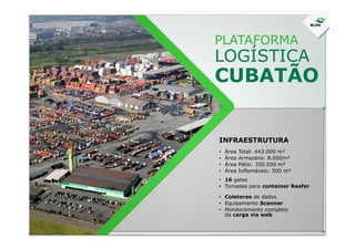 PLATAFORMA
LOGÍSTICA
CUBATÃO
INFRAESTRUTURA
• Área Total: 443.000 m²
• Área Armazéns: 8.000m²
• Área Pátio: 350.000 m²
• Área Inflamáveis: 500 m²
• Coletores de dados
• Equipamento Scanner
• Monitoramento completo
da carga via web
• 16 gates
• Tomadas para container Reefer
 