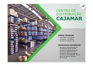 CENTRO DE
DISTRIBUIÇÃO
CAJAMAR
DADOS TÉCNICOS
• Área Total: 102.000m²
• Armazéns: 36.000m²
• Numero de Docas: 96
• Aeroporto Internacional de
Congonhas SP|SP 20 Km
• Aeroporto Internacional de
Guarulhos SP|SP 47 Km
• Aeroporto Internacional de
Viracopos Campinas|SP 55 Km
• Porto de Santos Santos|
SP 113 Km
PRINCIPAIS DISTÂNCIAS
 