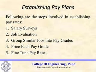 Establishing Pay Plans
Following are the steps involved in establishing
pay rates:
1. Salary Surveys
2. Job Evaluation
3. Group Similar Jobs into Pay Grades
4. Price Each Pay Grade
5. Fine Tune Pay Rates
College Of Engineering , Pune
Forerunners in technical education
 