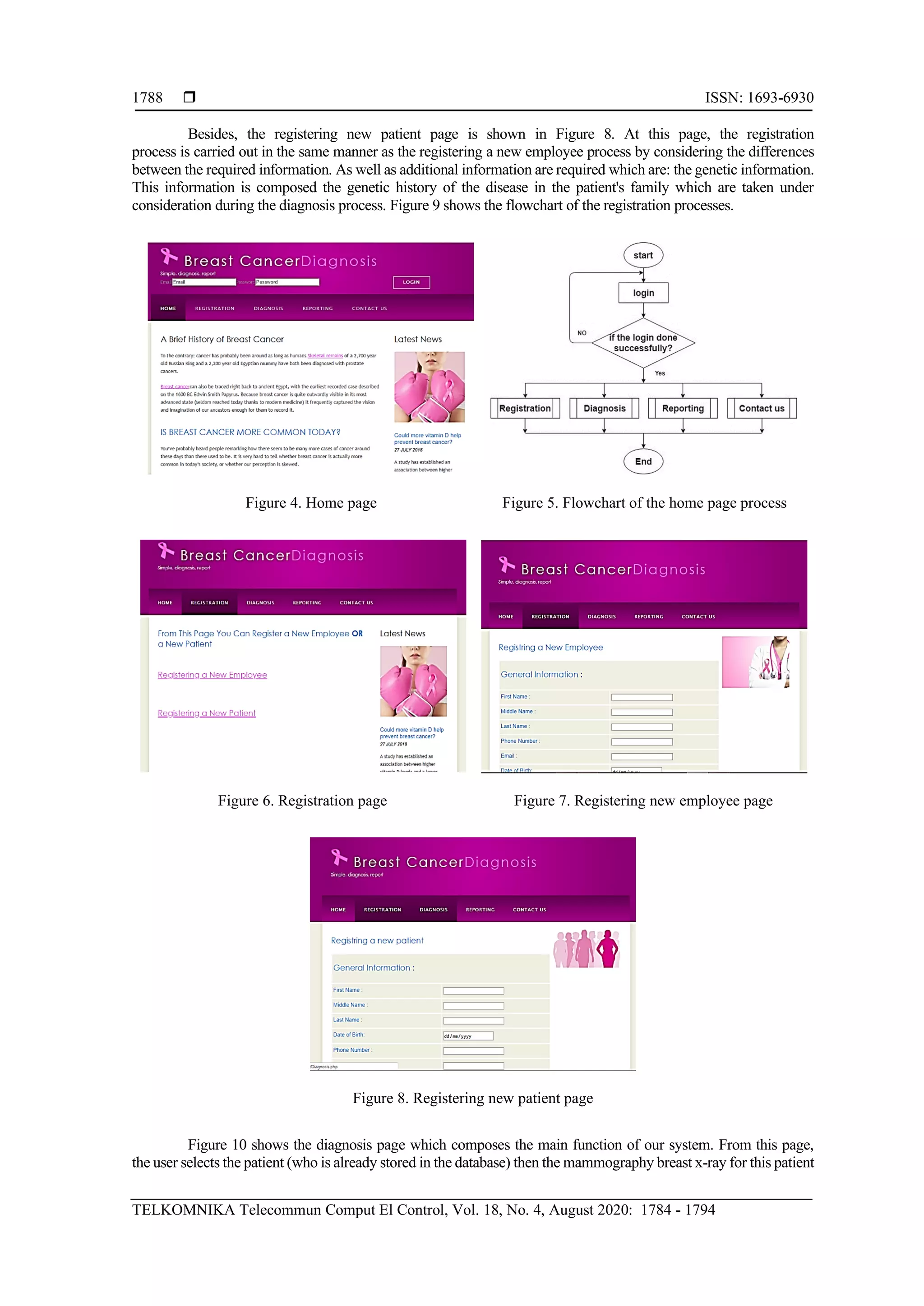  ISSN: 1693-6930
TELKOMNIKA Telecommun Comput El Control, Vol. 18, No. 4, August 2020: 1784 - 1794
1788
Besides, the registering new patient page is shown in Figure 8. At this page, the registration
process is carried out in the same manner as the registering a new employee process by considering the differences
between the required information. As well as additional information are required which are: the genetic information.
This information is composed the genetic history of the disease in the patient's family which are taken under
consideration during the diagnosis process. Figure 9 shows the flowchart of the registration processes.
Figure 4. Home page Figure 5. Flowchart of the home page process
Figure 6. Registration page Figure 7. Registering new employee page
Figure 8. Registering new patient page
Figure 10 shows the diagnosis page which composes the main function of our system. From this page,
the user selects the patient (who is already stored in the database) then the mammography breast x-ray for this patient
 