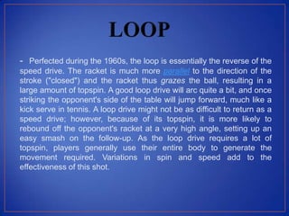 - Perfected during the 1960s, the loop is essentially the reverse of the
speed drive. The racket is much more parallel to the direction of the
stroke ("closed") and the racket thus grazes the ball, resulting in a
large amount of topspin. A good loop drive will arc quite a bit, and once
striking the opponent's side of the table will jump forward, much like a
kick serve in tennis. A loop drive might not be as difficult to return as a
speed drive; however, because of its topspin, it is more likely to
rebound off the opponent's racket at a very high angle, setting up an
easy smash on the follow-up. As the loop drive requires a lot of
topspin, players generally use their entire body to generate the
movement required. Variations in spin and speed add to the
effectiveness of this shot.
 