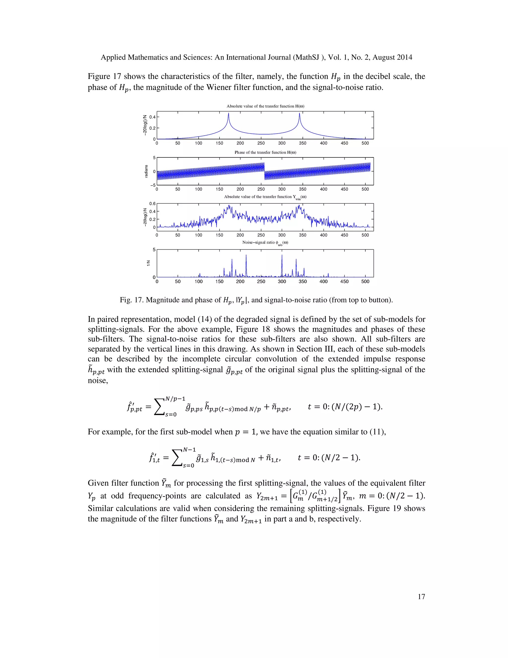 Applied Mathematics and Sciences: An International Journal (MathSJ ), Vol. 1, No. 2, August 2014
17
Figure 17 shows the characteristics of the filter, namely, the function ‫ܪ‬௣ in the decibel scale, the
phase of ‫ܪ‬௣, the magnitude of the Wiener filter function, and the signal-to-noise ratio.
Fig. 17. Magnitude and phase of ‫ܪ‬௣, |ܻ௣|, and signal-to-noise ratio (from top to button).
In paired representation, model (14) of the degraded signal is defined by the set of sub-models for
splitting-signals. For the above example, Figure 18 shows the magnitudes and phases of these
sub-filters. The signal-to-noise ratios for these sub-filters are also shown. All sub-filters are
separated by the vertical lines in this drawing. As shown in Section III, each of these sub-models
can be described by the incomplete circular convolution of the extended impulse response
ℎ෨௣,௣௧ with the extended splitting-signal ݃෤௣,௣௧ of the original signal plus the splitting-signal of the
noise,
݂መ௣,௣௧
ᇱ
= ෍ ݃෤௣,௣௦
ே/௣ିଵ
௦ୀ଴
ℎ෨௣,௣(௧ି௦)୫୭ୢ ே/௣ + ݊෤௣,௣௧, ‫ݐ‬ = 0: (ܰ/(2‫)݌‬ − 1).
For example, for the first sub-model when ‫݌‬ = 1, we have the equation similar to (11),
݂መଵ,௧
ᇱ
= ෍ ݃෤ଵ,௦
ேିଵ
௦ୀ଴
ℎ෨ଵ,(௧ି௦)୫୭ୢ ே + ݊෤ଵ,௧, ‫ݐ‬ = 0: (ܰ/2 − 1).
Given filter function ܻ෨௠ for processing the first splitting-signal, the values of the equivalent filter
ܻ௣ at odd frequency-points are calculated as ܻଶ௠ାଵ = ቂ‫ܩ‬௠
(ଵ)
/‫ܩ‬௠ାଵ/ଶ
(ଵ)
ቃ ܻ෨௠, ݉ = 0: (ܰ/2 − 1).
Similar calculations are valid when considering the remaining splitting-signals. Figure 19 shows
the magnitude of the filter functions ܻ෨௠ and ܻଶ௠ାଵ in part a and b, respectively.
 