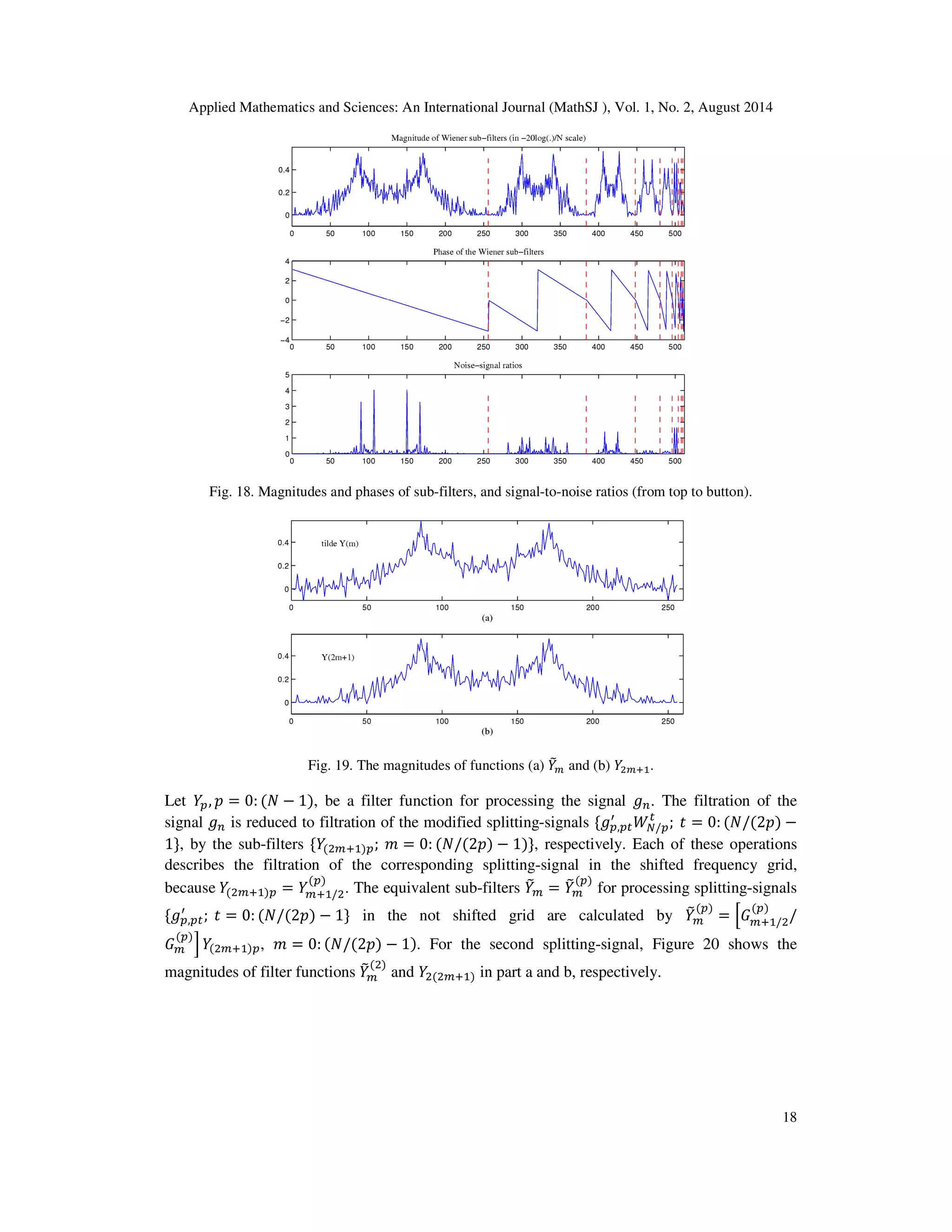 Applied Mathematics and Sciences: An International Journal (MathSJ ), Vol. 1, No. 2, August 2014
18
Fig. 18. Magnitudes and phases of sub-filters, and signal-to-noise ratios (from top to button).
Fig. 19. The magnitudes of functions (a) ܻ෨௠ and (b) ܻଶ௠ାଵ.
Let ܻ௣, ‫݌‬ = 0: (ܰ − 1), be a filter function for processing the signal ݃௡. The filtration of the
signal ݃௡ is reduced to filtration of the modified splitting-signals ሼ݃௣,௣௧
ᇱ
ܹே/௣
௧
; ‫ݐ‬ = 0: (ܰ/(2‫)݌‬ −
1ሽ, by the sub-filters ሼܻ(ଶ௠ାଵ)௣; ݉ = 0: (ܰ/(2‫)݌‬ − 1)ሽ, respectively. Each of these operations
describes the filtration of the corresponding splitting-signal in the shifted frequency grid,
because ܻ(ଶ௠ାଵ)௣ = ܻ௠ାଵ/ଶ
(௣)
. The equivalent sub-filters ܻ෨௠ = ܻ෨௠
(௣)
for processing splitting-signals
ሼ݃௣,௣௧
ᇱ
; ‫ݐ‬ = 0: (ܰ/(2‫)݌‬ − 1ሽ in the not shifted grid are calculated by ܻ෨௠
(௣)
= ቂ‫ܩ‬௠ାଵ/ଶ
(௣)
/
‫ܩ‬௠
(௣)
ቃ ܻ(ଶ௠ାଵ)௣, ݉ = 0: (ܰ/(2‫)݌‬ − 1). For the second splitting-signal, Figure 20 shows the
magnitudes of filter functions ܻ෨௠
(ଶ)
and ܻଶ(ଶ௠ାଵ) in part a and b, respectively.
 