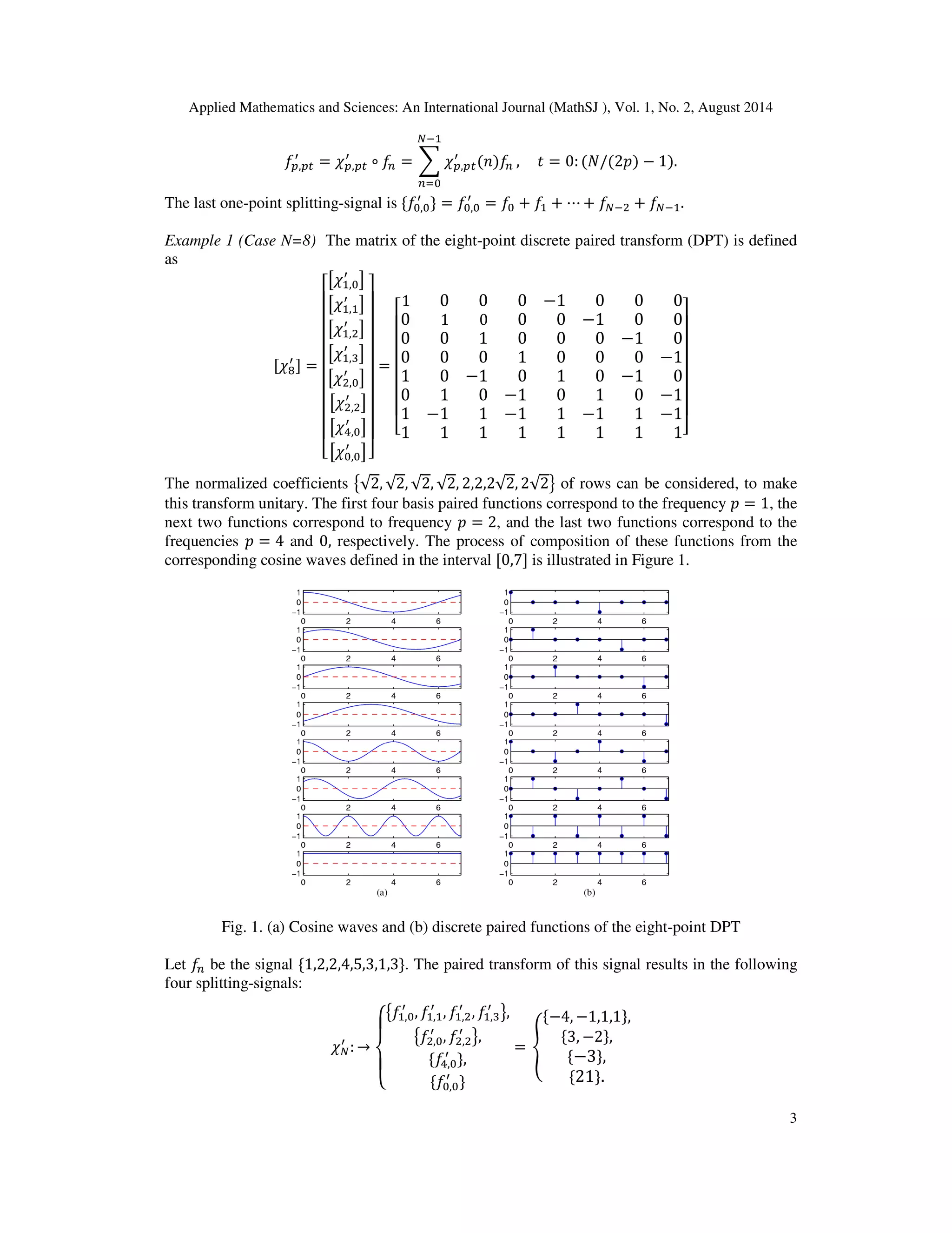 Applied Mathematics and Sciences: An International Journal (MathSJ ), Vol. 1, No. 2, August 2014
3
݂௣,௣௧
ᇱ
= ߯௣,௣௧
ᇱ
∘ ݂௡ = ෍ ߯௣,௣௧
ᇱ
(݊)݂௡
ேିଵ
௡ୀ଴
, ‫ݐ‬ = 0: (ܰ/(2‫)݌‬ − 1).
The last one-point splitting-signal is ሼ݂଴,଴
ᇱ
ሽ = ݂଴,଴
ᇱ
= ݂଴ + ݂ଵ + ⋯ + ݂ேିଶ + ݂ேିଵ.
Example 1 (Case N=8) The matrix of the eight-point discrete paired transform (DPT) is defined
as
ሾ଼߯
ᇱ ሿ =
‫ۏ‬
‫ێ‬
‫ێ‬
‫ێ‬
‫ێ‬
‫ێ‬
‫ێ‬
‫ێ‬
‫ێ‬
‫ێ‬
‫ۍ‬
ൣ߯ଵ,଴
ᇱ
൧
ൣ߯ଵ,ଵ
ᇱ
൧
ൣ߯ଵ,ଶ
ᇱ
൧
ൣ߯ଵ,ଷ
ᇱ
൧
ൣ߯ଶ,଴
ᇱ
൧
ൣ߯ଶ,ଶ
ᇱ
൧
ൣ߯ସ,଴
ᇱ
൧
ൣ߯଴,଴
ᇱ
൧‫ے‬
‫ۑ‬
‫ۑ‬
‫ۑ‬
‫ۑ‬
‫ۑ‬
‫ۑ‬
‫ۑ‬
‫ۑ‬
‫ۑ‬
‫ې‬
=
‫ۏ‬
‫ێ‬
‫ێ‬
‫ێ‬
‫ێ‬
‫ێ‬
‫ێ‬
‫ۍ‬
1 0 0 0 −1 0 0 0
0 1 0 0 0 −1 0 0
0 0 1 0 0 0 −1 0
0 0 0 1 0 0 0 −1
1 0 −1 0 1 0 −1 0
0 1 0 −1 0 1 0 −1
1 −1 1 −1 1 −1 1 −1
1 1 1 1 1 1 1 1‫ے‬
‫ۑ‬
‫ۑ‬
‫ۑ‬
‫ۑ‬
‫ۑ‬
‫ۑ‬
‫ې‬
The normalized coefficients ൛√2, √2, √2, √2, 2,2,2√2, 2√2ൟ of rows can be considered, to make
this transform unitary. The first four basis paired functions correspond to the frequency ‫݌‬ = 1, the
next two functions correspond to frequency ‫݌‬ = 2, and the last two functions correspond to the
frequencies ‫݌‬ = 4 and 0, respectively. The process of composition of these functions from the
corresponding cosine waves defined in the interval ሾ0,7ሿ is illustrated in Figure 1.
Fig. 1. (a) Cosine waves and (b) discrete paired functions of the eight-point DPT
Let ݂௡ be the signal ሼ1,2,2,4,5,3,1,3ሽ. The paired transform of this signal results in the following
four splitting-signals:
߯ே
ᇱ
: →
‫ە‬
ۖ
‫۔‬
ۖ
‫ۓ‬൛݂ଵ,଴
ᇱ
, ݂ଵ,ଵ
ᇱ
, ݂ଵ,ଶ
ᇱ
, ݂ଵ,ଷ
ᇱ
ൟ,
൛݂ଶ,଴
ᇱ
, ݂ଶ,ଶ
ᇱ
ൟ,
ሼ݂ସ,଴
ᇱ
ሽ,
ሼ݂଴,଴
ᇱ
ሽ
= ൞
ሼ−4, −1,1,1ሽ,
ሼ3, −2ሽ,
ሼ−3ሽ,
ሼ21ሽ.
 