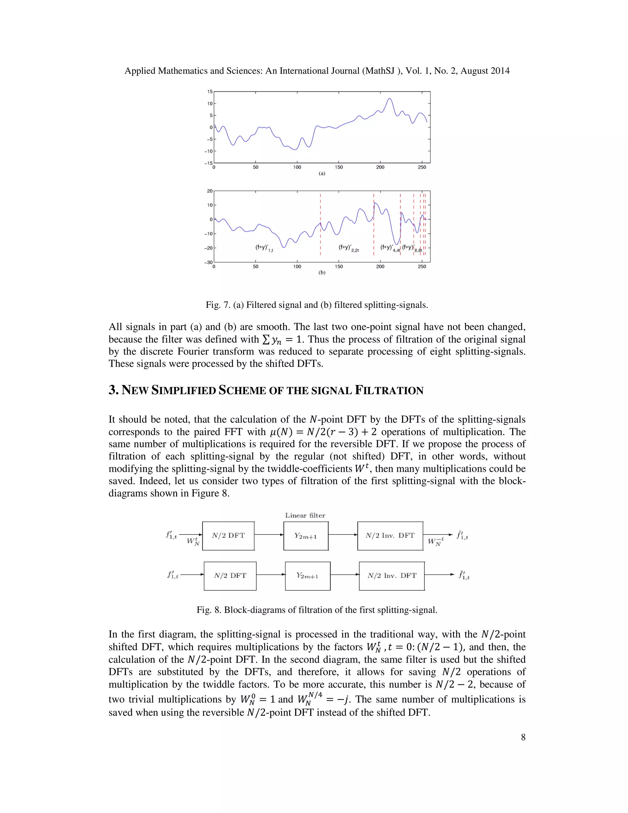 Applied Mathematics and Sciences: An International Journal (MathSJ ), Vol. 1, No. 2, August 2014
8
Fig. 7. (a) Filtered signal and (b) filtered splitting-signals.
All signals in part (a) and (b) are smooth. The last two one-point signal have not been changed,
because the filter was defined with ∑ ‫ݕ‬௡ = 1. Thus the process of filtration of the original signal
by the discrete Fourier transform was reduced to separate processing of eight splitting-signals.
These signals were processed by the shifted DFTs.
3. NEW SIMPLIFIED SCHEME OF THE SIGNAL FILTRATION
It should be noted, that the calculation of the ܰ-point DFT by the DFTs of the splitting-signals
corresponds to the paired FFT with ߤ(ܰ) = ܰ/2(‫ݎ‬ − 3) + 2 operations of multiplication. The
same number of multiplications is required for the reversible DFT. If we propose the process of
filtration of each splitting-signal by the regular (not shifted) DFT, in other words, without
modifying the splitting-signal by the twiddle-coefficients ܹ௧, then many multiplications could be
saved. Indeed, let us consider two types of filtration of the first splitting-signal with the block-
diagrams shown in Figure 8.
Fig. 8. Block-diagrams of filtration of the first splitting-signal.
In the first diagram, the splitting-signal is processed in the traditional way, with the ܰ/2-point
shifted DFT, which requires multiplications by the factors ܹே
௧
, ‫ݐ‬ = 0: (ܰ/2 − 1), and then, the
calculation of the ܰ/2-point DFT. In the second diagram, the same filter is used but the shifted
DFTs are substituted by the DFTs, and therefore, it allows for saving ܰ/2 operations of
multiplication by the twiddle factors. To be more accurate, this number is ܰ/2 − 2, because of
two trivial multiplications by ܹே
଴
= 1 and ܹே
ே/ସ
= −݆. The same number of multiplications is
saved when using the reversible ܰ/2-point DFT instead of the shifted DFT.
 