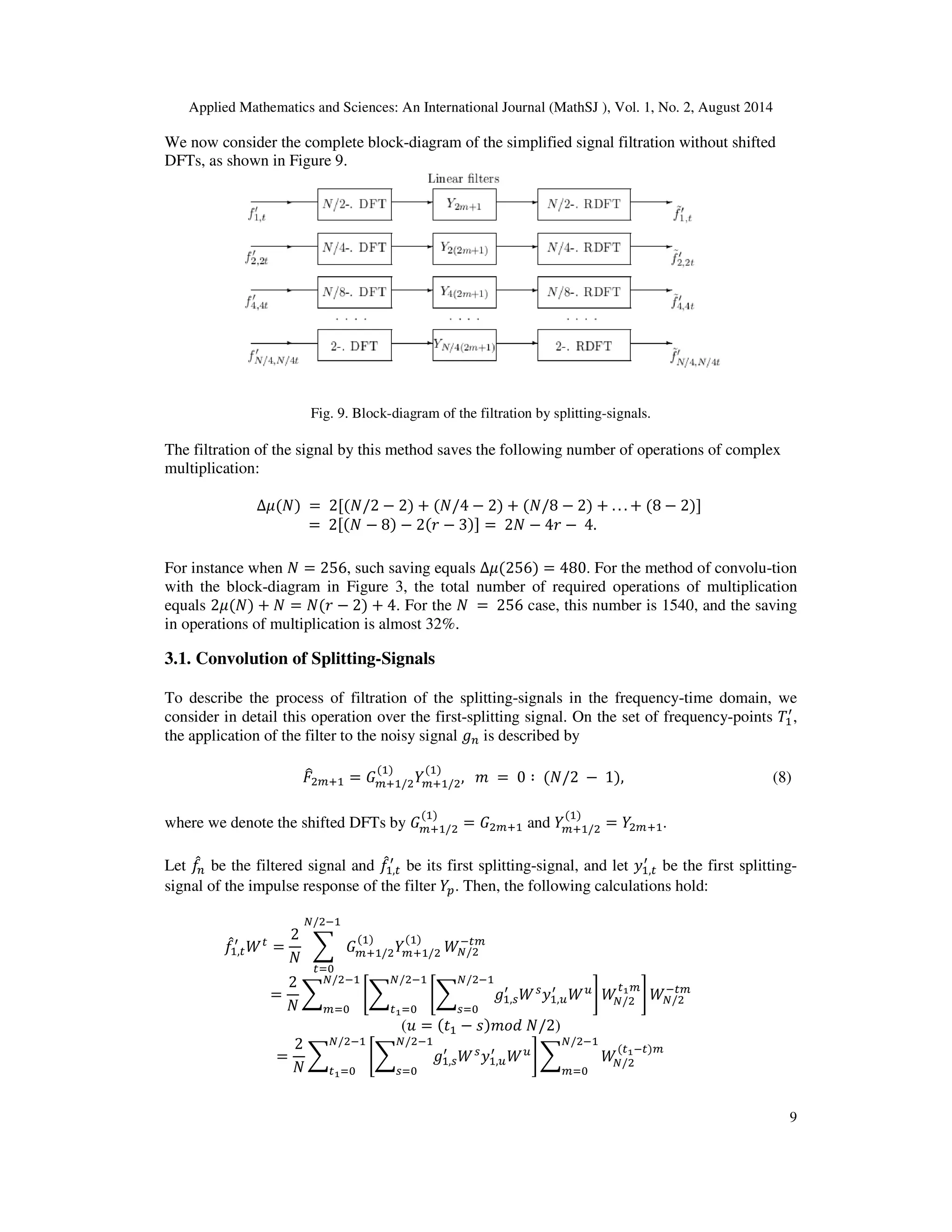Applied Mathematics and Sciences: An International Journal (MathSJ ), Vol. 1, No. 2, August 2014
9
We now consider the complete block-diagram of the simplified signal filtration without shifted
DFTs, as shown in Figure 9.
Fig. 9. Block-diagram of the filtration by splitting-signals.
The filtration of the signal by this method saves the following number of operations of complex
multiplication:
∆ߤ(ܰ) = 2ሾ(ܰ/2 − 2) + (ܰ/4 − 2) + (ܰ/8 − 2) + . . . + (8 − 2)ሿ
= 2ሾ(ܰ − 8) − 2(‫ݎ‬ − 3)ሿ = 2ܰ − 4‫ݎ‬ − 4.
For instance when ܰ = 256, such saving equals ∆ߤ(256) = 480. For the method of convolu-tion
with the block-diagram in Figure 3, the total number of required operations of multiplication
equals 2ߤ(ܰ) + ܰ = ܰ(‫ݎ‬ − 2) + 4. For the ܰ = 256 case, this number is 1540, and the saving
in operations of multiplication is almost 32%.
3.1. Convolution of Splitting-Signals
To describe the process of filtration of the splitting-signals in the frequency-time domain, we
consider in detail this operation over the first-splitting signal. On the set of frequency-points ܶଵ
ᇱ
,
the application of the filter to the noisy signal ݃௡ is described by
‫ܨ‬෠ଶ௠ାଵ = ‫ܩ‬௠ାଵ/ଶ
(ଵ)
ܻ௠ାଵ/ଶ
(ଵ)
, ݉ = 0 ∶ (ܰ/2 − 1), (8)
where we denote the shifted DFTs by ‫ܩ‬௠ାଵ/ଶ
(ଵ)
= ‫ܩ‬ଶ௠ାଵ and ܻ௠ାଵ/ଶ
(ଵ)
= ܻଶ௠ାଵ.
Let ݂መ௡ be the filtered signal and ݂መଵ,௧
ᇱ
be its first splitting-signal, and let ‫ݕ‬ଵ,௧
ᇱ
be the first splitting-
signal of the impulse response of the filter ܻ௣. Then, the following calculations hold:
݂መଵ,௧
ᇱ
ܹ௧
=
2
ܰ
෍ ‫ܩ‬௠ାଵ/ଶ
(ଵ)
ܻ௠ାଵ/ଶ
(ଵ)
ே/ଶିଵ
௧ୀ଴
ܹே/ଶ
ି௧௠
=
2
ܰ
෍ ቈ෍ ቈ෍ ݃ଵ,௦
ᇱ
ܹ௦
‫ݕ‬ଵ,௨
ᇱ
ܹ௨
ே/ଶିଵ
௦ୀ଴
቉
ே/ଶିଵ
௧భୀ଴
ܹே/ଶ
௧భ௠
቉
ே/ଶିଵ
௠ୀ଴
ܹே/ଶ
ି௧௠
(‫ݑ‬ = (‫ݐ‬ଵ − ‫݀݋݉)ݏ‬ ܰ/2)
=
2
ܰ
෍ ቈ෍ ݃ଵ,௦
ᇱ
ܹ௦
‫ݕ‬ଵ,௨
ᇱ
ܹ௨
ே/ଶିଵ
௦ୀ଴
቉෍ ܹே/ଶ
(௧భି௧)௠
ே/ଶିଵ
௠ୀ଴
ே/ଶିଵ
௧భୀ଴
 