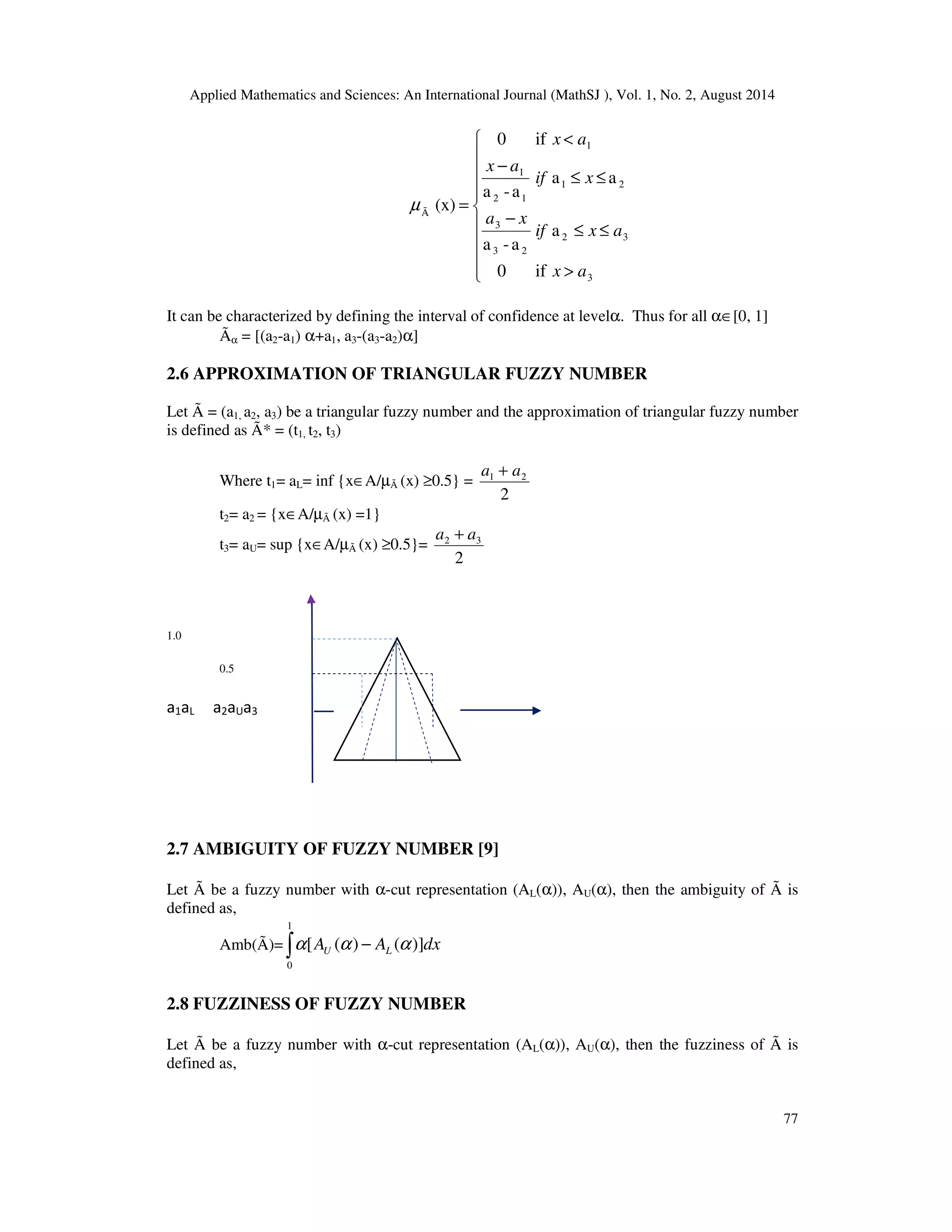 Applied Mathematics and Sciences: An International Journal (MathSJ ), Vol. 1, No. 2, August 2014
77










>
≤≤
−
≤≤
−
<
=
3
32
23
3
21
12
1
1
Ã
if0
a
a-a
aa
a-a
if0
(x)
ax
axif
xa
xif
ax
ax
µ
It can be characterized by defining the interval of confidence at levelα. Thus for all α∈[0, 1]
Ãα = [(a2-a1) α+a1, a3-(a3-a2)α]
2.6 APPROXIMATION OF TRIANGULAR FUZZY NUMBER
Let Ã = (a1, a2, a3) be a triangular fuzzy number and the approximation of triangular fuzzy number
is defined as Ã* = (t1, t2, t3)
Where t1= aL= inf {x∈A/µÃ (x) ≥0.5} =
2
21 aa +
t2= a2 = {x∈A/µÃ (x) =1}
t3= aU= sup {x∈A/µÃ (x) ≥0.5}=
2
32 aa +
1.0
0.5
a1aL a2aUa3
2.7 AMBIGUITY OF FUZZY NUMBER [9]
Let Ã be a fuzzy number with α-cut representation (AL(α)), AU(α), then the ambiguity of Ã is
defined as,
Amb(Ã)= dxAA LU )]()([
1
0
ααα −∫
2.8 FUZZINESS OF FUZZY NUMBER
Let Ã be a fuzzy number with α-cut representation (AL(α)), AU(α), then the fuzziness of Ã is
defined as,
 