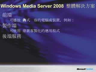 Windows Media Server 2008  整體解決方案 前端  可播放  Windows Media  格式內容的電腦或裝置，例如： Windows Media Player 製作端  可使用  Windows Media Software Development Kit (SDK)  建置客製化的應用程式 後端服務 Windows Media Server Windows Right Manager  