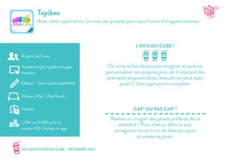 LES SMOOTHIES DU CUBE - DÉCEMBRE 2014
L’AVIS DU CUBE !
CAP’ OU PAS CAP’ !
Tapikeo
Avec cette application, on crée ses propres jeux sous forme d’imagiers sonores.
On aime le fait de pouvoir imaginer et surtout
personnaliser ses propres jeux, en s’inspirant des
exemples proposés (avec lesquels on peut aussi
jouer!). Une application complète.
Réalise un imagier des jouets préférés de ta
chambre ! Pour chacun d’entre eux,
enregistre-toi en train de dire pourquoi
tu aimes ce jouet.
#création #jeu #grille #imagier
#sonore
Editeur : Jean-Eudes Lepelletier
iPhone | iPad | iPod Touch
1,79€ ou 3,59€ pour la
version HD | Achats in-app
français
À partir de 3 ans
 