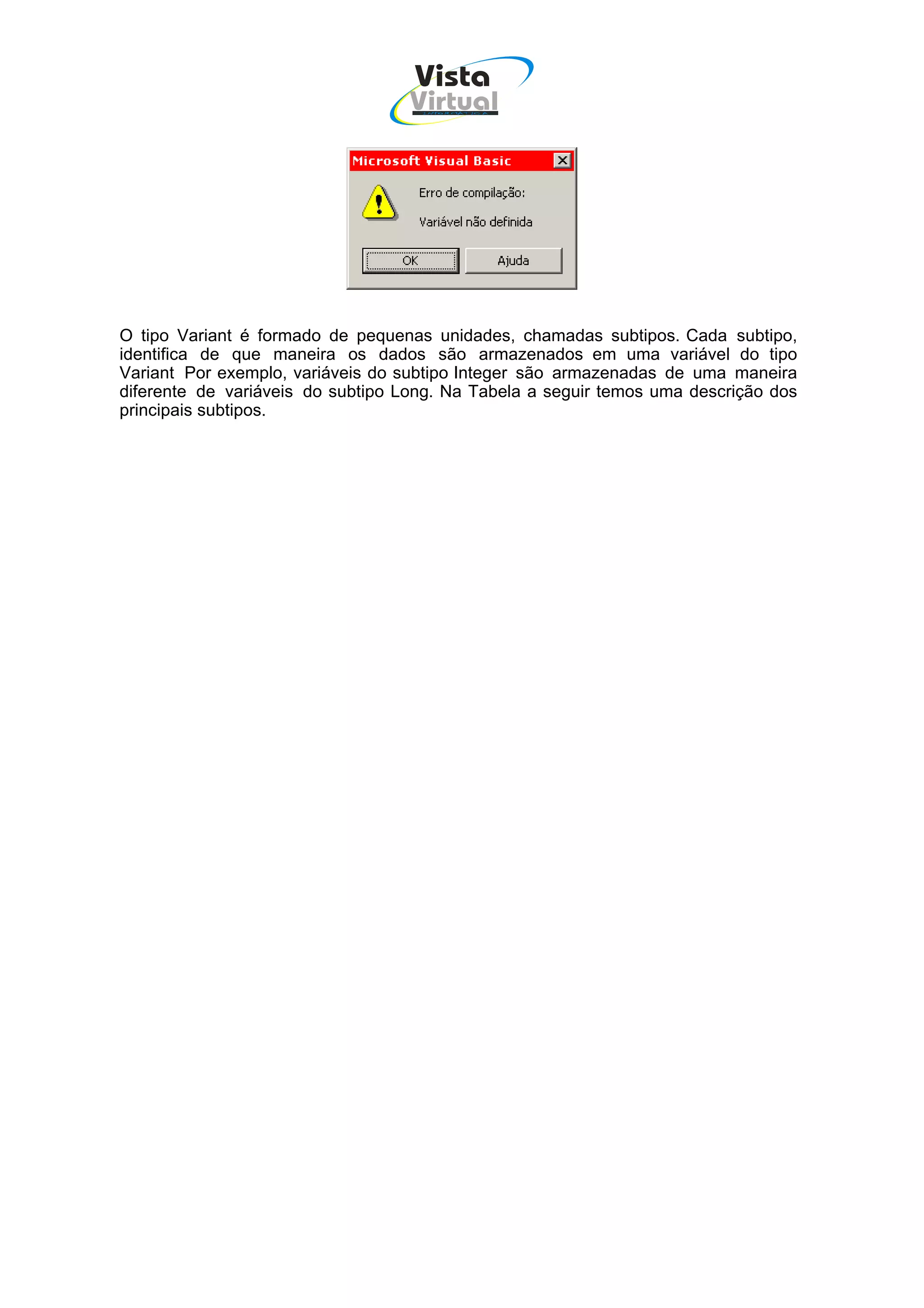 Vista
                                   Virtual
                                    INFOR MÁT ICA




O tipo Variant é formado de pequenas unidades, chamadas subtipos. Cada subtipo,
identifica de que maneira os dados são armazenados em uma variável do tipo
Variant Por exemplo, variáveis do subtipo Integer são armazenadas de uma maneira
diferente de variáveis do subtipo Long. Na Tabela a seguir temos uma descrição dos
principais subtipos.
 