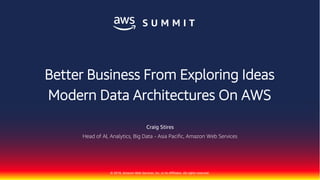 © 2018, Amazon Web Services, Inc. or its Affiliates. All rights reserved.
Craig Stires
Head of AI, Analytics, Big Data - Asia Pacific, Amazon Web Services
Better Business From Exploring Ideas
Modern Data Architectures On AWS
 