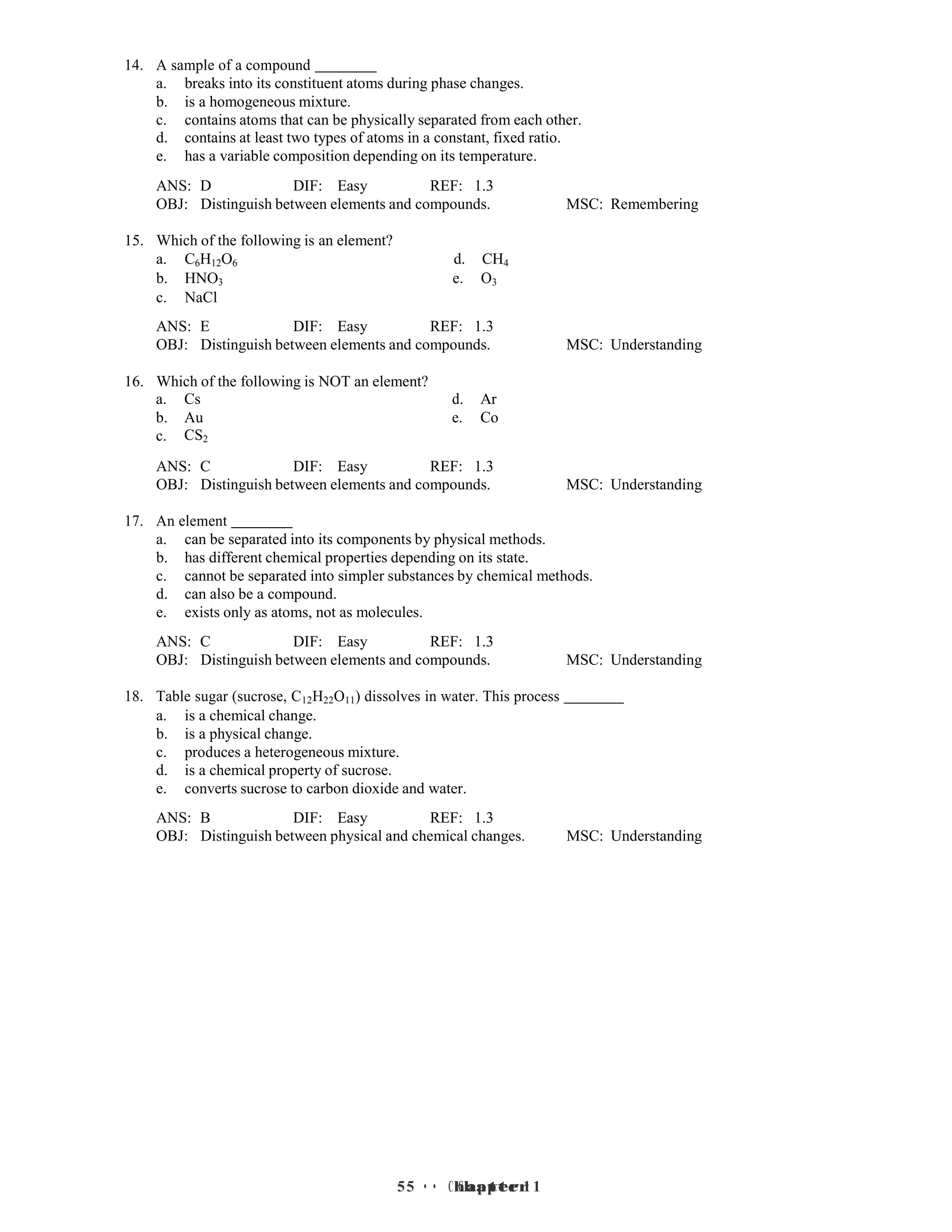 5 • Chapter 1
5 • Chapter 1
14. A sample of a compound
a. breaks into its constituent atoms during phase changes.
b. is a homogeneous mixture.
c. contains atoms that can be physically separated from each other.
d. contains at least two types of atoms in a constant, fixed ratio.
e. has a variable composition depending on its temperature.
ANS: D DIF: Easy REF: 1.3
OBJ: Distinguish between elements and compounds. MSC: Remembering
15. Which of the following is an element?
a. C6H12O6 d. CH4
b. HNO3 e. O3
c. NaCl
ANS: E DIF: Easy REF: 1.3
OBJ: Distinguish between elements and compounds. MSC: Understanding
16. Which of the following is NOT an element?
a. Cs d. Ar
b. Au e. Co
c. CS2
ANS: C DIF: Easy REF: 1.3
OBJ: Distinguish between elements and compounds. MSC: Understanding
17. An element
a. can be separated into its components by physical methods.
b. has different chemical properties depending on its state.
c. cannot be separated into simpler substances by chemical methods.
d. can also be a compound.
e. exists only as atoms, not as molecules.
ANS: C DIF: Easy REF: 1.3
OBJ: Distinguish between elements and compounds. MSC: Understanding
18. Table sugar (sucrose, C12H22O11) dissolves in water. This process
a. is a chemical change.
b. is a physical change.
c. produces a heterogeneous mixture.
d. is a chemical property of sucrose.
e. converts sucrose to carbon dioxide and water.
ANS: B DIF: Easy REF: 1.3
OBJ: Distinguish between physical and chemical changes. MSC: Understanding
 