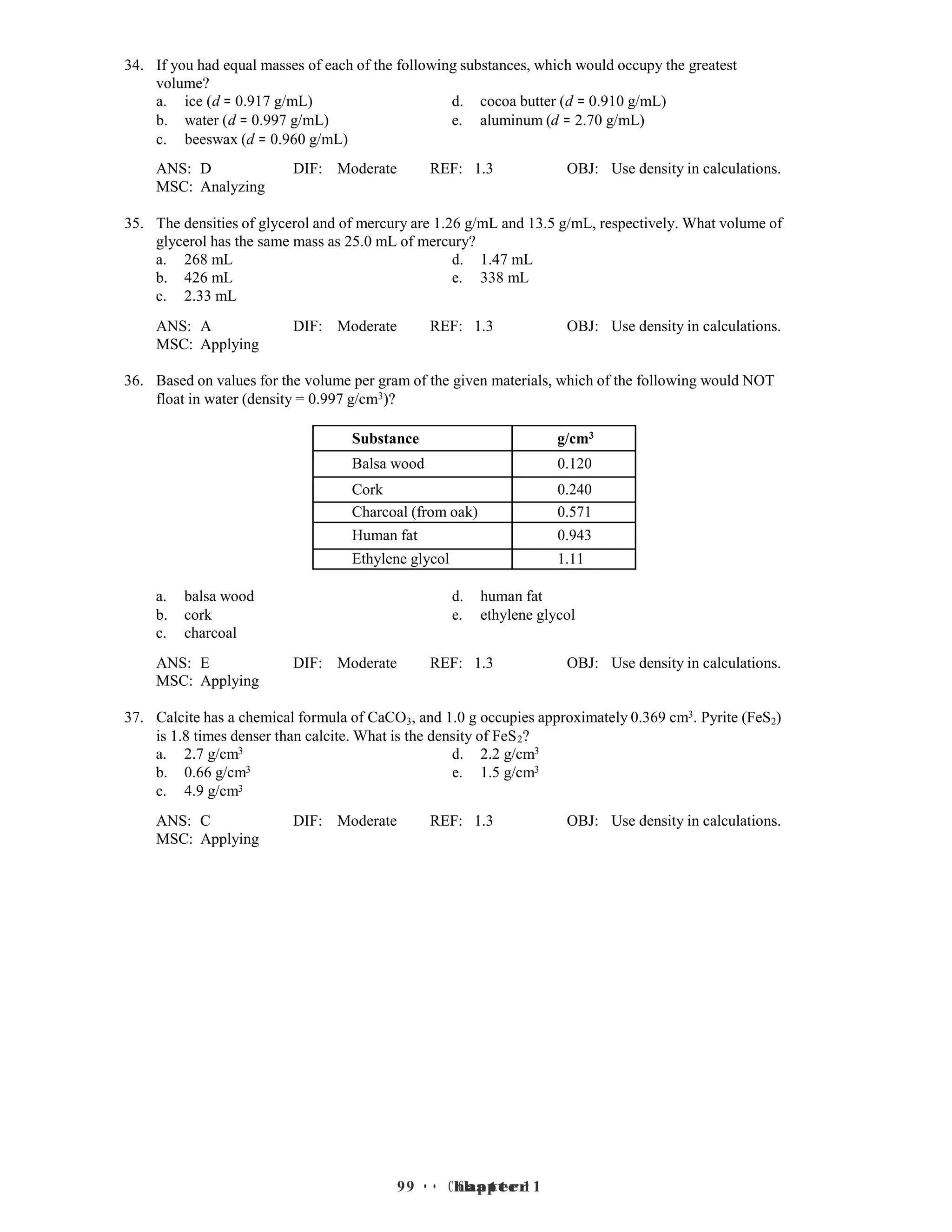 9 • Chapter 1
9 • Chapter 1
34. If you had equal masses of each of the following substances, which would occupy the greatest
volume?
a. ice (d = 0.917 g/mL) d. cocoa butter (d = 0.910 g/mL)
b. water (d = 0.997 g/mL) e. aluminum (d = 2.70 g/mL)
c. beeswax (d = 0.960 g/mL)
ANS: D DIF: Moderate REF: 1.3 OBJ: Use density in calculations.
MSC: Analyzing
35. The densities of glycerol and of mercury are 1.26 g/mL and 13.5 g/mL, respectively. What volume of
glycerol has the same mass as 25.0 mL of mercury?
a. 268 mL d. 1.47 mL
b. 426 mL e. 338 mL
c. 2.33 mL
ANS: A DIF: Moderate REF: 1.3 OBJ: Use density in calculations.
MSC: Applying
36. Based on values for the volume per gram of the given materials, which of the following would NOT
float in water (density = 0.997 g/cm3)?
Substance g/cm3
Balsa wood 0.120
Cork 0.240
Charcoal (from oak) 0.571
Human fat 0.943
Ethylene glycol 1.11
a. balsa wood d. human fat
b. cork e. ethylene glycol
c. charcoal
ANS: E DIF: Moderate REF: 1.3 OBJ: Use density in calculations.
MSC: Applying
37. Calcite has a chemical formula of CaCO3, and 1.0 g occupies approximately 0.369 cm3. Pyrite (FeS2)
is 1.8 times denser than calcite. What is the density of FeS2?
a. 2.7 g/cm3 d. 2.2 g/cm3
b. 0.66 g/cm3 e. 1.5 g/cm3
c. 4.9 g/cm3
ANS: C DIF: Moderate REF: 1.3 OBJ: Use density in calculations.
MSC: Applying
 
