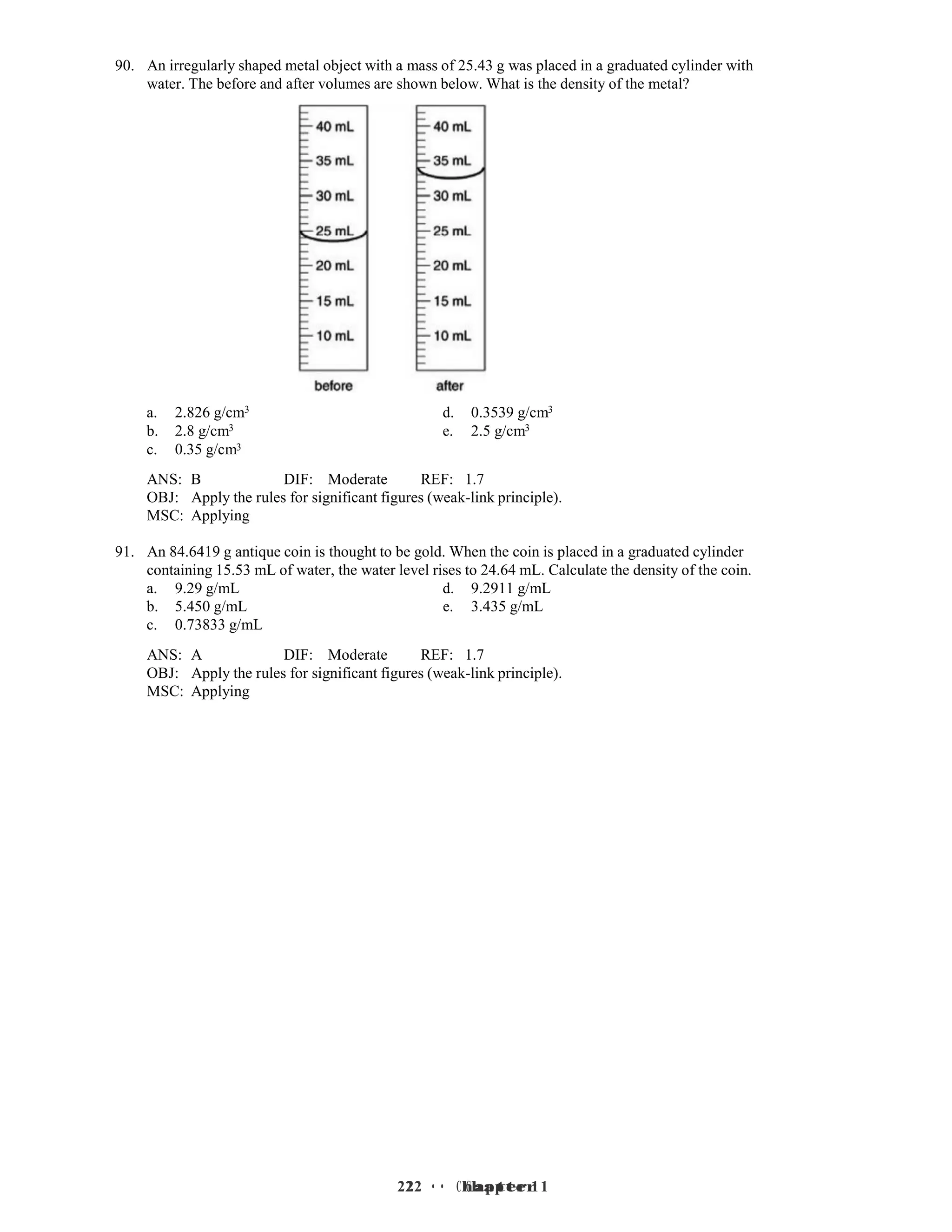 22 • Chapter 1
22 • Chapter 1
90. An irregularly shaped metal object with a mass of 25.43 g was placed in a graduated cylinder with
water. The before and after volumes are shown below. What is the density of the metal?
a. 2.826 g/cm3 d. 0.3539 g/cm3
b. 2.8 g/cm3 e. 2.5 g/cm3
c. 0.35 g/cm3
ANS: B DIF: Moderate REF: 1.7
OBJ: Apply the rules for significant figures (weak-link principle).
MSC: Applying
91. An 84.6419 g antique coin is thought to be gold. When the coin is placed in a graduated cylinder
containing 15.53 mL of water, the water level rises to 24.64 mL. Calculate the density of the coin.
a. 9.29 g/mL d. 9.2911 g/mL
b. 5.450 g/mL e. 3.435 g/mL
c. 0.73833 g/mL
ANS: A DIF: Moderate REF: 1.7
OBJ: Apply the rules for significant figures (weak-link principle).
MSC: Applying
 