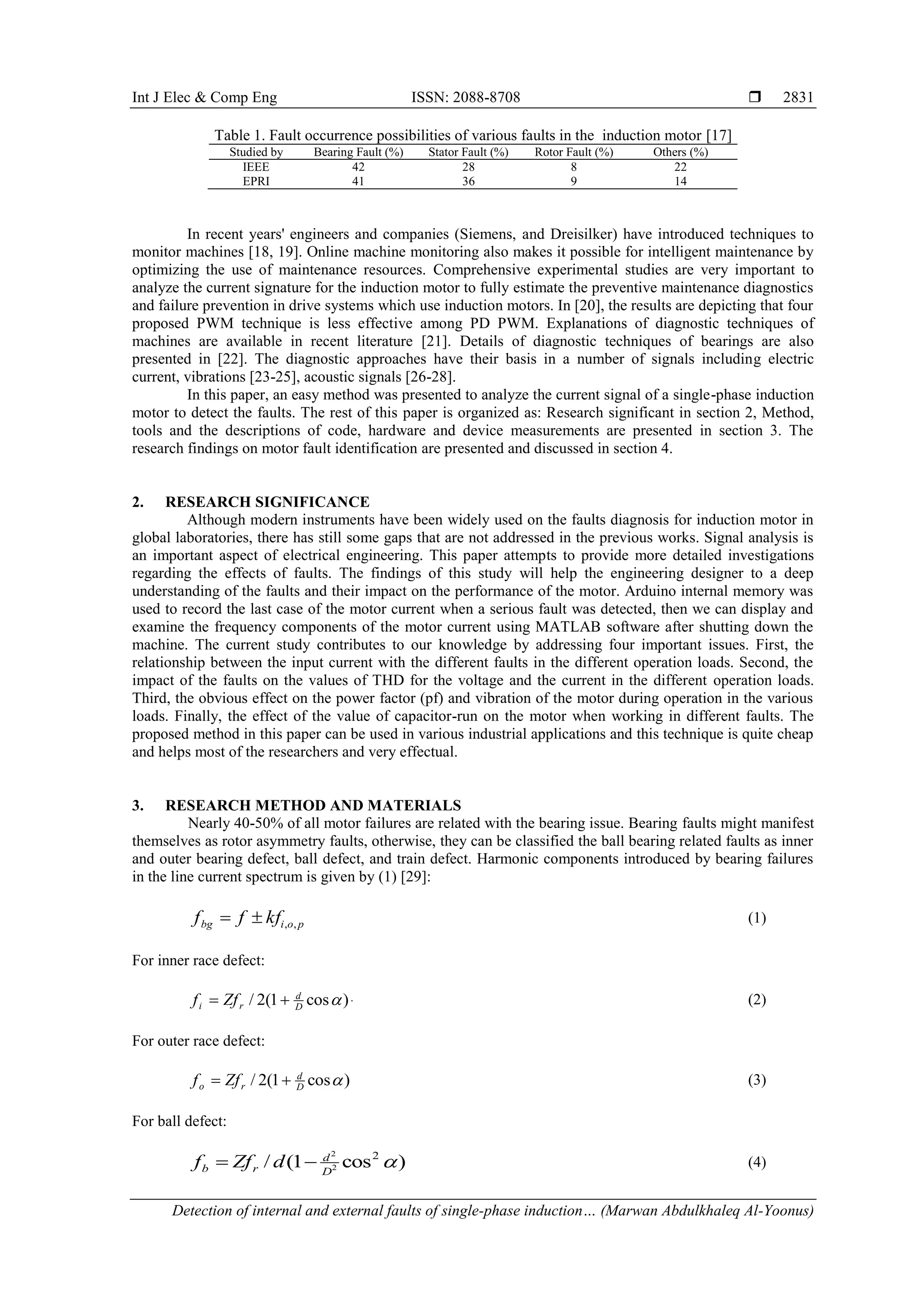 Int J Elec & Comp Eng ISSN: 2088-8708 
Detection of internal and external faults of single-phase induction… (Marwan Abdulkhaleq Al-Yoonus)
2831
Table 1. Fault occurrence possibilities of various faults in the induction motor [17]
Studied by Bearing Fault (%) Stator Fault (%) Rotor Fault (%) Others (%)
IEEE 42 28 8 22
EPRI 41 36 9 14
In recent years' engineers and companies (Siemens, and Dreisilker) have introduced techniques to
monitor machines [18, 19]. Online machine monitoring also makes it possible for intelligent maintenance by
optimizing the use of maintenance resources. Comprehensive experimental studies are very important to
analyze the current signature for the induction motor to fully estimate the preventive maintenance diagnostics
and failure prevention in drive systems which use induction motors. In [20], the results are depicting that four
proposed PWM technique is less effective among PD PWM. Explanations of diagnostic techniques of
machines are available in recent literature [21]. Details of diagnostic techniques of bearings are also
presented in [22]. The diagnostic approaches have their basis in a number of signals including electric
current, vibrations [23-25], acoustic signals [26-28].
In this paper, an easy method was presented to analyze the current signal of a single-phase induction
motor to detect the faults. The rest of this paper is organized as: Research significant in section 2, Method,
tools and the descriptions of code, hardware and device measurements are presented in section 3. The
research findings on motor fault identification are presented and discussed in section 4.
2. RESEARCH SIGNIFICANCE
Although modern instruments have been widely used on the faults diagnosis for induction motor in
global laboratories, there has still some gaps that are not addressed in the previous works. Signal analysis is
an important aspect of electrical engineering. This paper attempts to provide more detailed investigations
regarding the effects of faults. The findings of this study will help the engineering designer to a deep
understanding of the faults and their impact on the performance of the motor. Arduino internal memory was
used to record the last case of the motor current when a serious fault was detected, then we can display and
examine the frequency components of the motor current using MATLAB software after shutting down the
machine. The current study contributes to our knowledge by addressing four important issues. First, the
relationship between the input current with the different faults in the different operation loads. Second, the
impact of the faults on the values of THD for the voltage and the current in the different operation loads.
Third, the obvious effect on the power factor (pf) and vibration of the motor during operation in the various
loads. Finally, the effect of the value of capacitor-run on the motor when working in different faults. The
proposed method in this paper can be used in various industrial applications and this technique is quite cheap
and helps most of the researchers and very effectual.
3. RESEARCH METHOD AND MATERIALS
Nearly 40-50% of all motor failures are related with the bearing issue. Bearing faults might manifest
themselves as rotor asymmetry faults, otherwise, they can be classified the ball bearing related faults as inner
and outer bearing defect, ball defect, and train defect. Harmonic components introduced by bearing failures
in the line current spectrum is given by (1) [29]:
]
1
[
,
, 


 p
o
i
bg kf
f
f (1)
For inner race defect:
]
2
[
)
cos
1
(
2
/ 


 
D
d
r
i Zf
f (2)
For outer race defect:
]
3
[
)
cos
1
(
2
/ 


 
D
d
r
o Zf
f (3)
For ball defect:
]
4
[
)
cos
1
(
/ 2
2
2



 
D
d
r
b d
Zf
f (4)
 