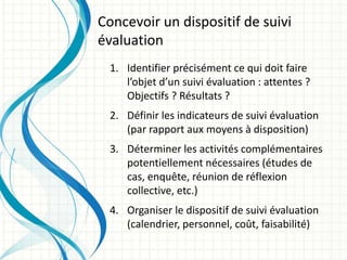 1. Identifier précisément ce qui doit faire
l’objet d’un suivi évaluation : attentes ?
Objectifs ? Résultats ?
2. Définir les indicateurs de suivi évaluation
(par rapport aux moyens à disposition)
3. Déterminer les activités complémentaires
potentiellement nécessaires (études de
cas, enquête, réunion de réflexion
collective, etc.)
4. Organiser le dispositif de suivi évaluation
(calendrier, personnel, coût, faisabilité)
Concevoir un dispositif de suivi
évaluation
 