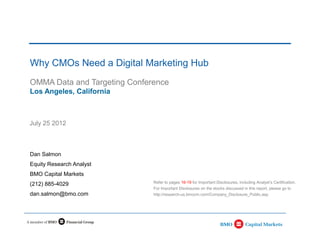 Why CMOs Need a Digital Marketing Hub
OMMA Data and Targeting Conference
Los Angeles, California



July 25 2012



Dan Salmon
Equity Research Analyst
BMO Capital Markets
                              Refer to pages 16-19 for Important Disclosures, including Analyst’s Certification.
(212) 885-4029
                              For Important Disclosures on the stocks discussed in this report, please go to
dan.salmon@bmo.com            http://research-us.bmocm.com/Company_Disclosure_Public.asp
 