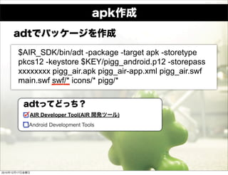 $AIR_SDK/bin/adt -package -target apk -storetype
             pkcs12 -keystore $KEY/pigg_android.p12 -storepass
          ...