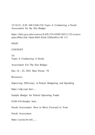 12/16/21, 8:05 AM EAD-510 Topic 4: Conducting a Needs
Assessment for the Site Budget
https://halo.gcu.edu/courses/EAD-510-O500-20211125/course-
units/f60a12eb-7dad-4b65-82eb-22bbc001c1f8 1/5
MAIN
CONTENT
T4
Topic 4: Conducting A Needs
Assessment For The Site Budget
Dec 16 - 22, 2021 Max Points: 70
Resources
Improving Efficiency in School Budgeting and Spending
https://sdp.cepr.harv…
Sample Budget for School Operating Funds
EAD-510-Sample bud…
Needs Assessment: How to Move Forward w/ Your
Needs Assessment
https://youtu.be/mU_…
 