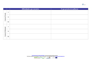 Dificuldades que encontro O que preciso de melhorar
ContextoPrivado
I
II
III
ContextoProfissional
I
II
III
CENTRO NOVAS OPORTUNIDADES – Escola Secundária de Alberto Sampaio
Rua Álvaro Carneiro 4710-216 Braga | Telefone: 253 204 220 - Fax: 253 204 228 | E-mail: novasoportunidades@esas.pt
 