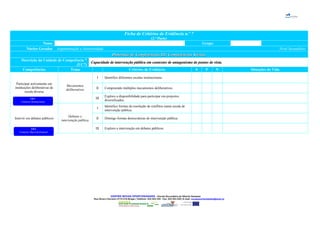 Ficha de Critérios de Evidência n.º 7
(2.ª Parte)
Nome Grupo
Núcleo Gerador Argumentação e Assertividade Nível Secundário
Dimensão de Competências III: Competências SociaisDimensão de Competências III: Competências Sociais
Descrição da Unidade de Competência 7
(UC7)
Capacidade de intervenção pública em contextos de antagonismo de pontos de vista.Capacidade de intervenção pública em contextos de antagonismo de pontos de vista.
Competências Tema Critérios de Evidência S P N Situações de Vida
Participar activamente em
instituições deliberativas de
escala diversa
Mecanismos
deliberativos
I Identifico diferentes escalas institucionais.
II Compreendo múltiplos mecanismos deliberativos.
III
Exploro a disponibilidade para participar em projectos
diversificados.
Intervir em debates públicos
Debates e
intervenção pública
I
Identifico formas de resolução de conflitos numa escala de
intervenção pública.
II Distingo formas democráticas de intervenção pública.
III Exploro a intervenção em debates públicos.
CENTRO NOVAS OPORTUNIDADES – Escola Secundária de Alberto Sampaio
Rua Álvaro Carneiro 4710-216 Braga | Telefone: 253 204 220 - Fax: 253 204 228 | E-mail: novasoportunidades@esas.pt
DR3
Contexto Institucional
DR4
Contexto MacroEstrutural
 