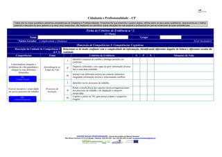 Cidadania e Profissionalidade – CP
Todos nós no nosso quotidiano utilizamos competências de Cidadania e Profissionalidade. Propomos-lhe que preencha o quadro abaixo, reflicta sobre os seus actos quotidianos, descrevendo-os o melhor
possível e descubra os seus saberes e os seus usos nessa área, não hesitando em identificar outras situações de vida pessoal e profissional em que se evidenciam as suas competências.
Ficha de Critérios de Evidência n.º 2
(1.ª Parte)
Nome Grupo
Núcleo Gerador Complexidade e Mudança Nível Secundário
Dimensão de Competências I: Competências CognitivasDimensão de Competências I: Competências Cognitivas
Descrição da Unidade de Competência 2
(UC2)
Relacionar-se de modo confiante com a complexidade da informação, identificando diferentes ângulos de leitura e diferentes escalas daRelacionar-se de modo confiante com a complexidade da informação, identificando diferentes ângulos de leitura e diferentes escalas da
realidade.realidade.
Competências Tema Critérios de Evidência S P N Situações de Vida
Contextualizar situações e
problemas da vida quotidiana e
integrar as suas diferentes
dimensões
Aprendizagem ao
Longo da Vida
I
Identifico situações de conflito e distingo posições em
confronto.
II
Organizo, reformulo e sou capaz de gerir informação diversa
face a uma dada realidade.
III
Interajo com diferentes actores em contexto doméstico,
integrando informação diversa e solucionando conflitos.
Exercer iniciativa e criatividade
em novos processos de trabalho
Processos de
Inovação
I Identifico novos processos de trabalho.
II
Relato a insuficiência dos suportes técnicos/organizacionais
nos processos de trabalho e de adaptação a situações
inesperadas.
III
Exploro e utilizo as TIC para acesso a dados e respectiva
triagem.
CENTRO NOVAS OPORTUNIDADES – Escola Secundária de Alberto Sampaio
Rua Álvaro Carneiro 4710-216 Braga | Telefone: 253 204 220 - Fax: 253 204 228 | E-mail: novasoportunidades@esas.pt
DR1
Contexto Privado
DR2
Contexto Profissional
 