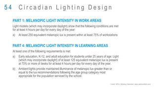 PART 1: MELANOPIC LIGHT INTENSITY IN WORK AREAS
Light models (which may incorporate daylight) show that the following conditions are met
for at least 4 hours per day for every day of the year:
a) At least 250 equivalent melanopic lux is present within at least 75% of workstations
PART 4: MELANOPIC LIGHT INTENSITY IN LEARNING AREAS
At least one of the following requirements is met:
a) Early education, K-12, and adult education for students under 25 years of age: Light
(which may incorporate daylight) of at least 125 equivalent melanopic lux is present
at 75% or more of desks for at least 4 hours per day for every day of the year.
b) Ambient lights provide maintained illuminance of melanopic lux greater than or
equal to the lux recommendations following the age group category most
appropriate for the population serviced by the school.
5 4 C i r c a d i a n L i g h t i n g D e s i g n
Credit: WELL Building Standard, www.wellcertified.com
 
