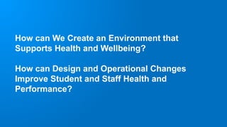 How can We Create an Environment that
Supports Health and Wellbeing?
How can Design and Operational Changes
Improve Student and Staff Health and
Performance?
 