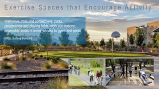 Walkways, trails and connections; parks,
playgrounds and playing fields; work out stations;
accessible areas of water; access to gyms and pools
-WELL Building Standard
http://bloximages.chicago2.vip.townnews.com/heraldbulletin.com/c
ontent/tncms/assets/v3/editorial/4/12/41280aca-637f-596d-8f6e-
753f2464b60e/53f5808983765.image.jpg?resize=760%2C473
http://www.canberratimes.com.au/content/dam/images/1/m/5/w/g/b/ima
ge.related.articleLeadwide.620x349.1m5d2w.png/1427095909495.jpg
E x e r c i s e S p a c e s t h a t E n c o u r a g e A c t i v i t y
 
