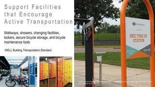Walkways, showers, changing facilities,
lockers, secure bicycle storage, and bicycle
maintenance tools
-WELL Building Transportation Standard
S u p p o r t F a c i l i t i e s
t h a t E n c o u r a g e
A c t i v e Tr a n s p o r t a t i o n
Credits: Explore Minnesota, www.exploreminnesota.com/pedal-mn/articles/healthpartners-sponsored-pedalmn-
tune-up-station-locations/
 