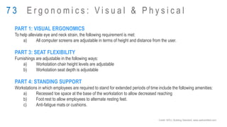 PART 1: VISUAL ERGONOMICS
To help alleviate eye and neck strain, the following requirement is met:
a) All computer screens are adjustable in terms of height and distance from the user.
PART 3: SEAT FLEXIBILITY
Furnishings are adjustable in the following ways:
a) Workstation chair height levels are adjustable
b) Workstation seat depth is adjustable
PART 4: STANDING SUPPORT
Workstations in which employees are required to stand for extended periods of time include the following amenities:
a) Recessed toe space at the base of the workstation to allow decreased reaching
b) Foot rest to allow employees to alternate resting feet.
c) Anti-fatigue mats or cushions.
7 3 E r g o n o m i c s : V i s u a l & P h y s i c a l
Credit: WELL Building Standard, www.wellcertified.com
 