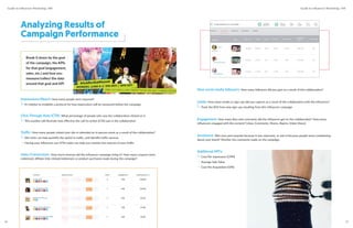 Analyzing Results of
Campaign Performance
Break it down by the goal
of the campaign, the KPIs
for that goal (engagement,
sales, etc.) and how you
measure/collect the data
around that goal and KPI
Sales/Conversions: How much revenue did the influencer campaign bring in? How many coupons were
redeemed, affiliate links clicked/redeemed, or product purchases made during the campaign?
Impressions/Reach: How many people were exposed?
It’s helpful to establish a protocol for how impressions will be measured before the campaign
Click-Through Rate (CTR): What percentage of people who saw the collaboration clicked on it
This number will illustrate how effective the call-to-action (CTA) was in the collaboration
Traﬃc: How many people visited your site or attended an in-person event as a result of the collaboration?
Site visits can help quantify the uptick in traffic, and identify traffic sources
Having your influencer use UTM codes can help you monitor the sources of your traffic
New social media followers: How many followers did you gain as a result of this collaboration?
Engagement: How many likes and comments did the influencer get on the collaboration? How many
influencers engaged with the content? (Likes, Comments, Shares, Repins, Video Views)
Sentiment: Was your post popular because it was awesome, or was it because people were complaining
about your brand? Monitor the comments made on the campaign.
Leads: How many emails or sign-ups did you capture as a result of the collaboration with the influencer?
Track the ROI from new sign-ups resulting from this influencer campaign
Additional KPI’s:
Cost Per Impression (CPM)
Average Sale Value
Cost Per Acquisition (CPA)
Guide to Influencer Marketing | IMI Guide to Influencer Marketing | IMI
3736
 