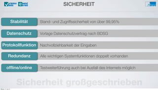 Alle wichtigen Systemfunktionen doppelt vorhanden
Nachvollziehbarkeit der Eingaben
Vorlage Datenschutzvertrag nach BDSG
Stand- und Zugriffssicherheit von über 99,95%Stabilität
Datenschutz
Protokollfunktion
Redundanz
SICHERHEIT@u-form:e
tests
Sicherheit großgeschrieben
Testweiterführung auch bei Ausfall des Internets möglichofﬂine/online
Mittwoch, 12. Juni 13
 