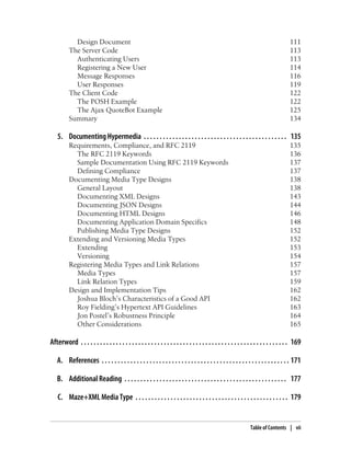 Design Document 111
The Server Code 113
Authenticating Users 113
Registering a New User 114
Message Responses 116
User Responses 119
The Client Code 122
The POSH Example 122
The Ajax QuoteBot Example 125
Summary 134
5. Documenting Hypermedia . . . . . . . . . . . . . . . . . . . . . . . . . . . . . . . . . . . . . . . . . . . . . 135
Requirements, Compliance, and RFC 2119 135
The RFC 2119 Keywords 136
Sample Documentation Using RFC 2119 Keywords 137
Defining Compliance 137
Documenting Media Type Designs 138
General Layout 138
Documenting XML Designs 143
Documenting JSON Designs 144
Documenting HTML Designs 146
Documenting Application Domain Specifics 148
Publishing Media Type Designs 152
Extending and Versioning Media Types 152
Extending 153
Versioning 154
Registering Media Types and Link Relations 157
Media Types 157
Link Relation Types 159
Design and Implementation Tips 162
Joshua Bloch’s Characteristics of a Good API 162
Roy Fielding’s Hypertext API Guidelines 163
Jon Postel’s Robustness Principle 164
Other Considerations 165
Afterword . . . . . . . . . . . . . . . . . . . . . . . . . . . . . . . . . . . . . . . . . . . . . . . . . . . . . . . . . . . . . . . . . 169
A. References . . . . . . . . . . . . . . . . . . . . . . . . . . . . . . . . . . . . . . . . . . . . . . . . . . . . . . . . . . . 171
B. Additional Reading . . . . . . . . . . . . . . . . . . . . . . . . . . . . . . . . . . . . . . . . . . . . . . . . . . . 177
C. Maze+XML Media Type . . . . . . . . . . . . . . . . . . . . . . . . . . . . . . . . . . . . . . . . . . . . . . . . 179
Table of Contents | vii
 