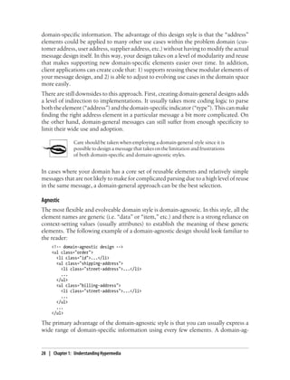domain-specific information. The advantage of this design style is that the “address”
elements could be applied to many other use cases within the problem domain (cus-
tomer address, user address, supplier address, etc.) without having to modify the actual
message design itself. In this way, your design takes on a level of modularity and reuse
that makes supporting new domain-specific elements easier over time. In addition,
client applications can create code that: 1) supports reusing these modular elements of
your message design, and 2) is able to adjust to evolving use cases in the domain space
more easily.
There are still downsides to this approach. First, creating domain-general designs adds
a level of indirection to implementations. It usually takes more coding logic to parse
boththeelement(“address”)andthedomain-specificindicator(“type”).Thiscanmake
finding the right address element in a particular message a bit more complicated. On
the other hand, domain-general messages can still suffer from enough specificity to
limit their wide use and adoption.
Care should be taken when employing a domain-general style since it is
possible to design a message that takes on the limitation and frustrations
of both domain-specific and domain-agnostic styles.
In cases where your domain has a core set of reusable elements and relatively simple
messages that are not likely to make for complicated parsing due to a high level of reuse
in the same message, a domain-general approach can be the best selection.
Agnostic
The most flexible and evolveable domain style is domain-agnostic. In this style, all the
element names are generic (i.e. “data” or “item,” etc.) and there is a strong reliance on
context-setting values (usually attributes) to establish the meaning of these generic
elements. The following example of a domain-agnostic design should look familiar to
the reader:
<!-- domain-agnostic design -->
<ul class="order">
<li class="id">...</li>
<ul class="shipping-address">
<li class="street-address">...</li>
...
</ul>
<ul class="billing-address">
<li class="street-address">...</li>
...
</ul>
...
</ul>
The primary advantage of the domain-agnostic style is that you can usually express a
wide range of domain-specific information using every few elements. A domain-ag-
28 | Chapter 1: Understanding Hypermedia
 
