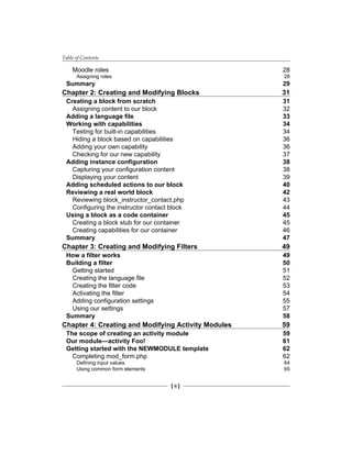 Table of Contents
[ ii ]
Moodle roles 28
Assigning roles 28
Summary 29
Chapter 2: Creating and Modifying Blocks 31
Creating a block from scratch 31
Assigning content to our block 32
Adding a language file 33
Working with capabilities 34
Testing for built-in capabilities 34
Hiding a block based on capabilities 36
Adding your own capability 36
Checking for our new capability 37
Adding instance configuration 38
Capturing your configuration content 38
Displaying your content 39
Adding scheduled actions to our block 40
Reviewing a real world block 42
Reviewing block_instructor_contact.php 43
Configuring the instructor contact block 44
Using a block as a code container 45
Creating a block stub for our container 45
Creating capabilities for our container 46
Summary 47
Chapter 3: Creating and Modifying Filters 49
How a filter works 49
Building a filter 50
Getting started 51
Creating the language file 52
Creating the filter code 53
Activating the filter 54
Adding configuration settings 55
Using our settings 57
Summary 58
Chapter 4: Creating and Modifying Activity Modules 59
The scope of creating an activity module 59
Our module—activity Foo! 61
Getting started with the NEWMODULE template 62
Completing mod_form.php 62
Defining input values 64
Using common form elements 65
 